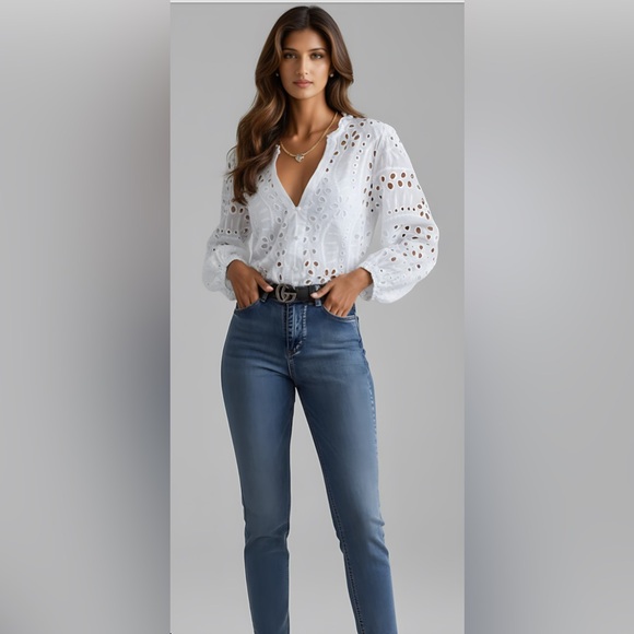 Eyelet Embroidery Notched Blouse White - Picture 6 of 9